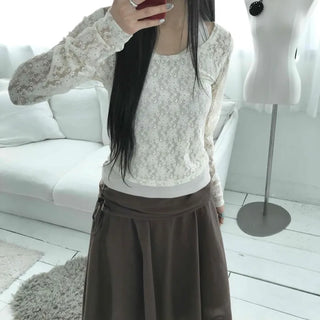 Feminine Lace Square Neck Puff Sleeve Cropped Long Sleeve T-shirt