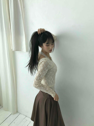 Feminine Lace Square Neck Puff Sleeve Cropped Long Sleeve T-shirt