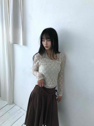 Feminine Lace Square Neck Puff Sleeve Cropped Long Sleeve T-shirt