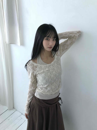 Feminine Lace Square Neck Puff Sleeve Cropped Long Sleeve T-shirt