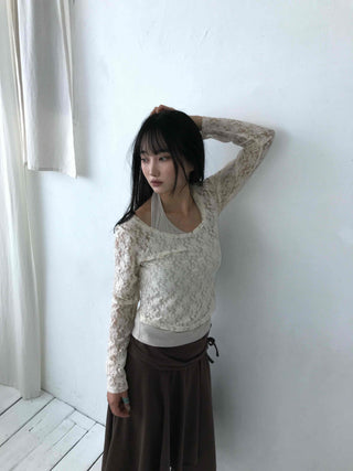 Feminine Lace Square Neck Puff Sleeve Cropped Long Sleeve T-shirt
