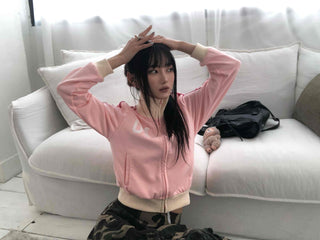 Silky satin loose-fit raglan cropped zip-up