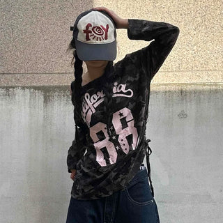 Vintage Numbering Lettering Oversized Long Sleeve T-shirt