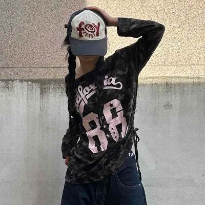 Vintage Numbering Lettering Oversized Long Sleeve T-shirt