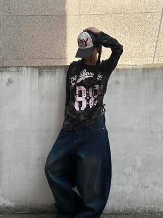 Vintage Numbering Lettering Oversized Long Sleeve T-shirt