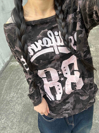 Vintage Numbering Lettering Oversized Long Sleeve T-shirt