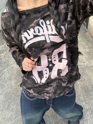 Vintage Numbering Lettering Oversized Long Sleeve T-shirt
