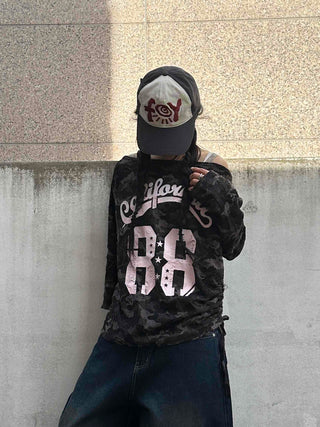 Vintage Numbering Lettering Oversized Long Sleeve T-shirt