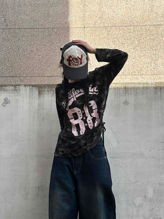 Vintage Numbering Lettering Oversized Long Sleeve T-shirt