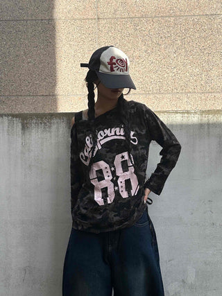 Vintage Numbering Lettering Oversized Long Sleeve T-shirt