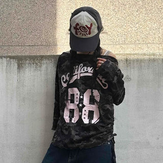 Vintage Numbering Lettering Oversized Long Sleeve T-shirt