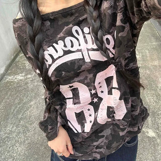 Vintage Numbering Lettering Oversized Long Sleeve T-shirt