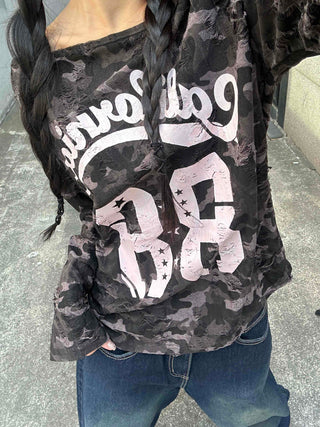 Vintage Numbering Lettering Oversized Long Sleeve T-shirt
