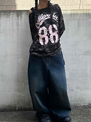 Vintage Numbering Lettering Oversized Long Sleeve T-shirt