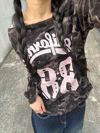Vintage Numbering Lettering Oversized Long Sleeve T-shirt