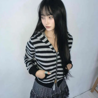 Campus Stripe V-Neck Crop Knit Zip-Up