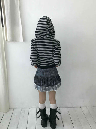 Campus Stripe V-Neck Crop Knit Zip-Up