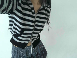 Campus Stripe V-Neck Crop Knit Zip-Up