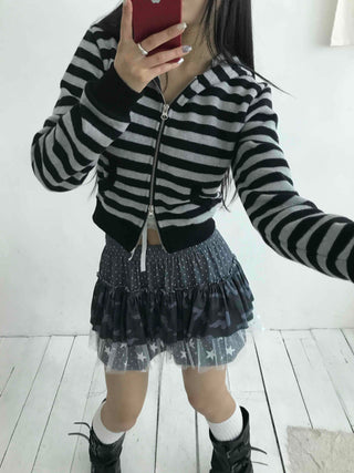 Campus Stripe V-Neck Crop Knit Zip-Up