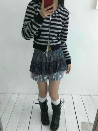 Campus Stripe V-Neck Crop Knit Zip-Up