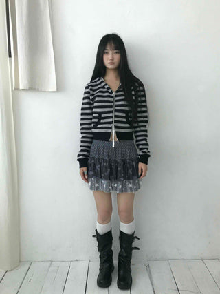 Campus Stripe V-Neck Crop Knit Zip-Up