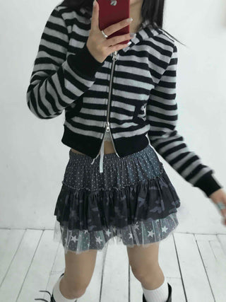 Campus Stripe V-Neck Crop Knit Zip-Up
