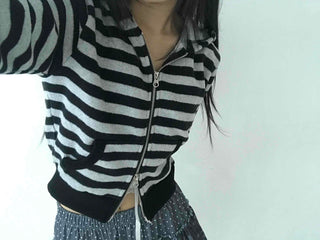 Campus Stripe V-Neck Crop Knit Zip-Up