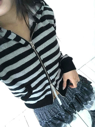Campus Stripe V-Neck Crop Knit Zip-Up