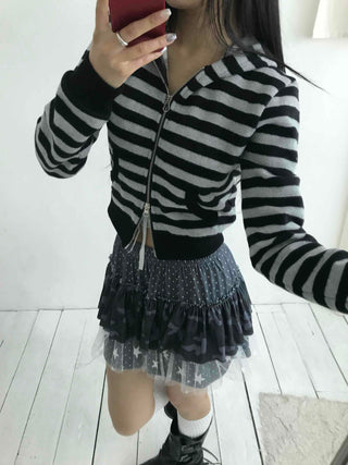 Campus Stripe V-Neck Crop Knit Zip-Up