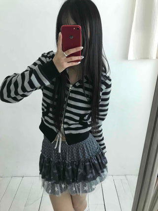 Campus Stripe V-Neck Crop Knit Zip-Up