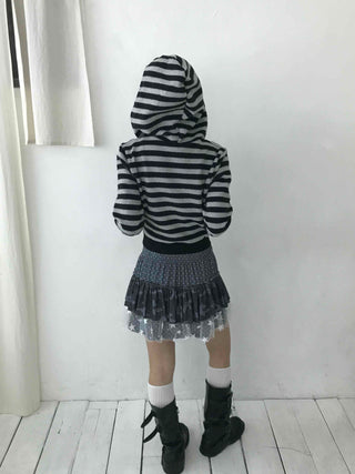 Campus Stripe V-Neck Crop Knit Zip-Up
