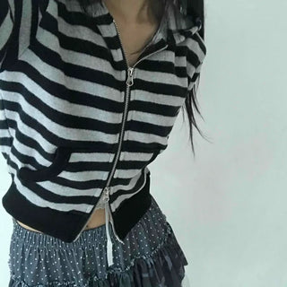 Campus Stripe V-Neck Crop Knit Zip-Up