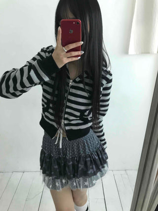 Campus Stripe V-Neck Crop Knit Zip-Up