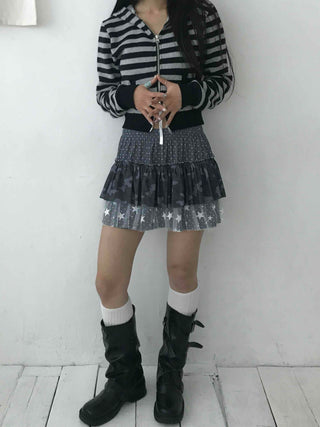 Campus Stripe V-Neck Crop Knit Zip-Up