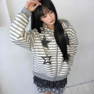Campus Star Patch Two-Tone Loose Fit Zip-Up Hoodie
