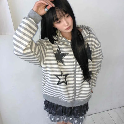 Campus Star Patch Two-Tone Loose Fit Zip-Up Hoodie