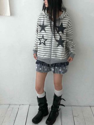 Campus Star Patch Two-Tone Loose Fit Zip-Up Hoodie