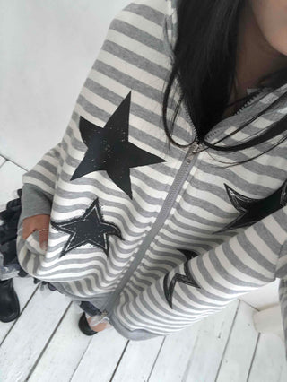 Campus Star Patch Two-Tone Loose Fit Zip-Up Hoodie