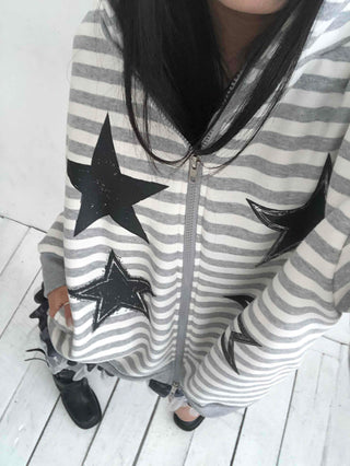 Campus Star Patch Two-Tone Loose Fit Zip-Up Hoodie