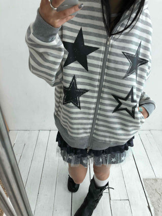 Campus Star Patch Two-Tone Loose Fit Zip-Up Hoodie