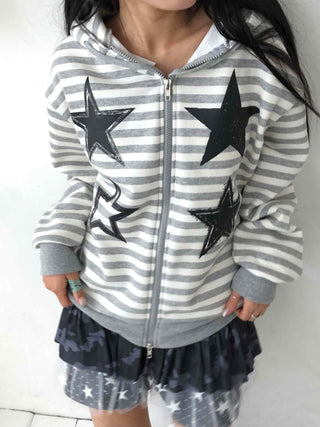 Campus Star Patch Two-Tone Loose Fit Zip-Up Hoodie