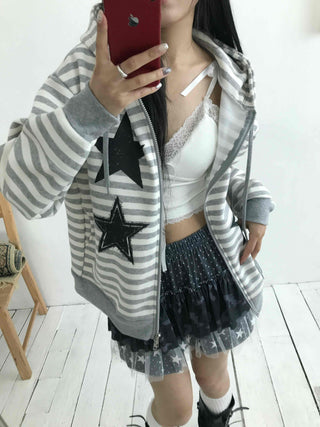 Campus Star Patch Two-Tone Loose Fit Zip-Up Hoodie