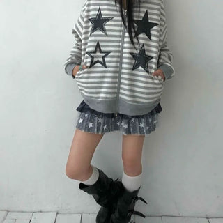 Campus Star Patch Two-Tone Loose Fit Zip-Up Hoodie
