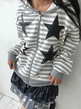 Campus Star Patch Two-Tone Loose Fit Zip-Up Hoodie