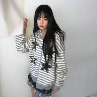 Campus Star Patch Two-Tone Loose Fit Zip-Up Hoodie