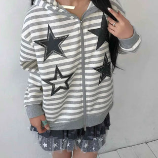Campus Star Patch Two-Tone Loose Fit Zip-Up Hoodie