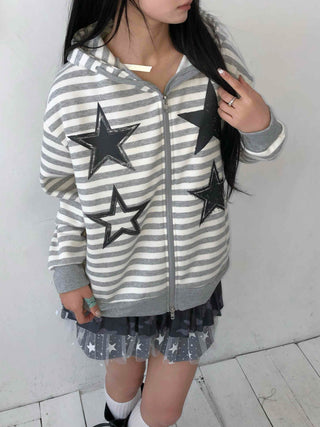 Campus Star Patch Two-Tone Loose Fit Zip-Up Hoodie