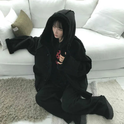 Angora Fur Oversized Hooded Zip-Up Jacket
