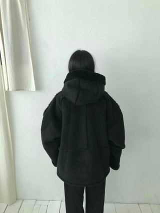 Angora Fur Oversized Hooded Zip-Up Jacket