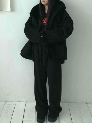 Angora Fur Oversized Hooded Zip-Up Jacket